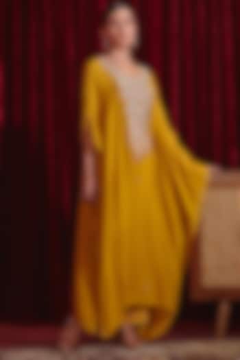 Mustard Cotton Silk Embroidered Kaftan Set by Ajiesh Oberoi at Pernia's Pop Up Shop