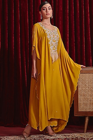 Mustard Cotton Silk Embroidered Kaftan Set by Ajiesh Oberoi