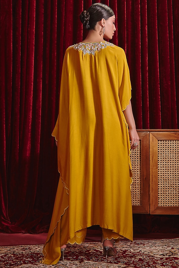 Mustard Cotton Silk Embroidered Kaftan Set by Ajiesh Oberoi at Pernia's Pop Up Shop