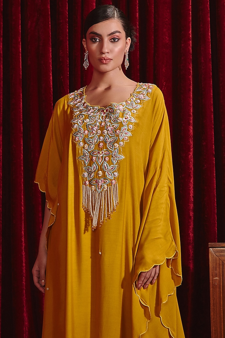 Mustard Cotton Silk Embroidered Kaftan Set by Ajiesh Oberoi at Pernia's Pop Up Shop