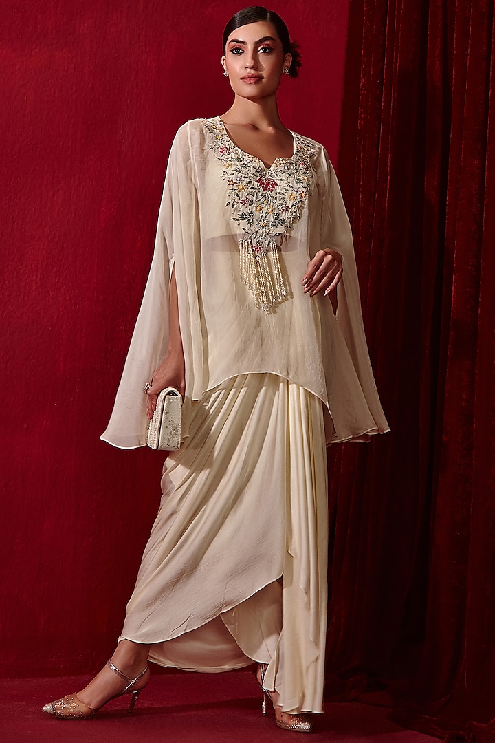 Ivory Organza Embroidered Cape Set by Ajiesh Oberoi at Pernia's Pop Up Shop