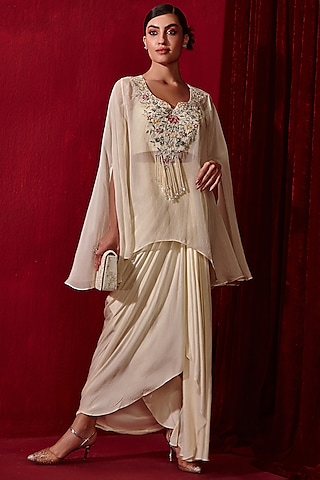 Ivory Organza Embroidered Cape Set by Ajiesh Oberoi