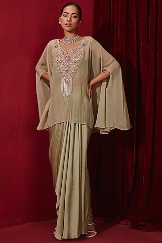 Mint Organza Embroidered Cape Set by Ajiesh Oberoi