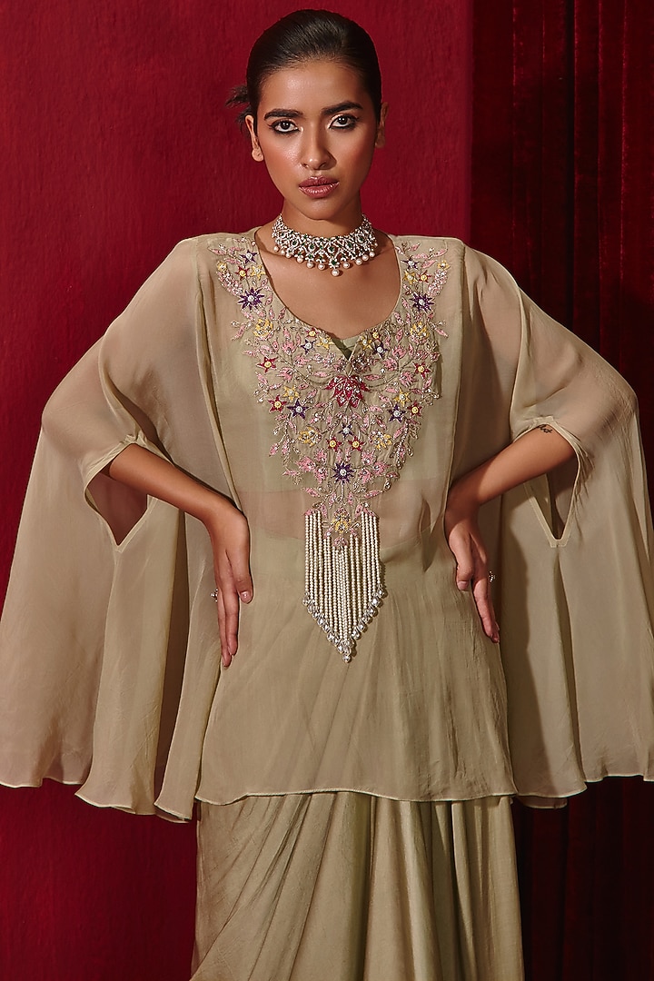 Mint Organza Embroidered Cape Set by Ajiesh Oberoi at Pernia's Pop Up Shop