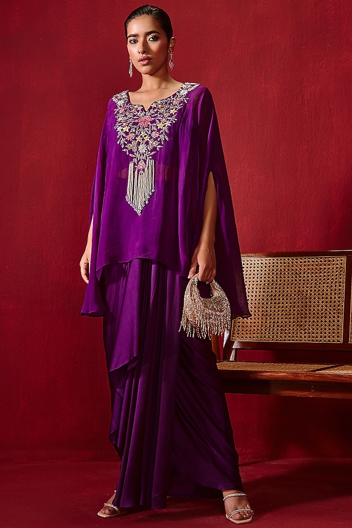 Purple Organza Embroidered Cape Set by Ajiesh Oberoi at Pernia's Pop Up Shop