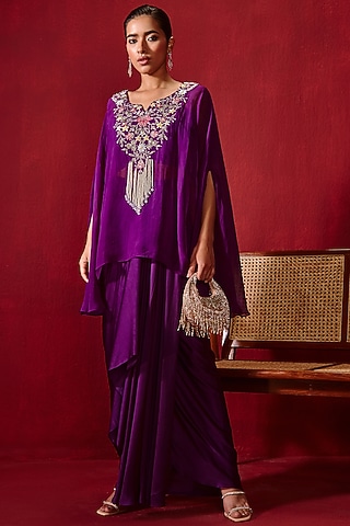 Purple Organza Embroidered Cape Set by Ajiesh Oberoi