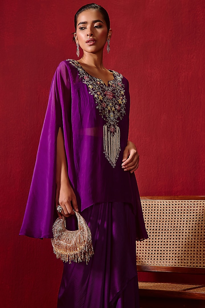 Purple Organza Embroidered Cape Set by Ajiesh Oberoi at Pernia's Pop Up Shop
