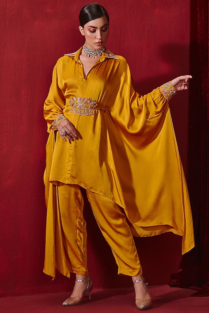 Mustard Modal Silk Pant Set by Ajiesh Oberoi