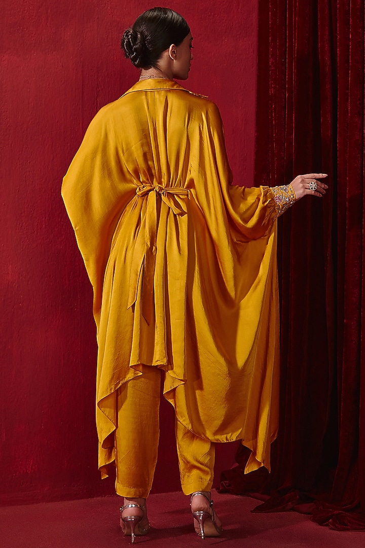 Mustard Modal Silk Pearl Embroidered Pant Set by Ajiesh Oberoi at Pernia's Pop Up Shop