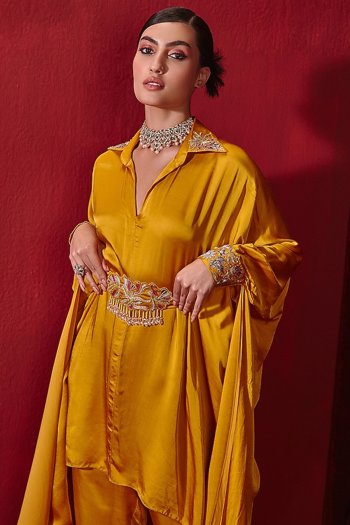 Mustard Modal Silk Pearl Embroidered Pant Set by Ajiesh Oberoi at Pernia's Pop Up Shop