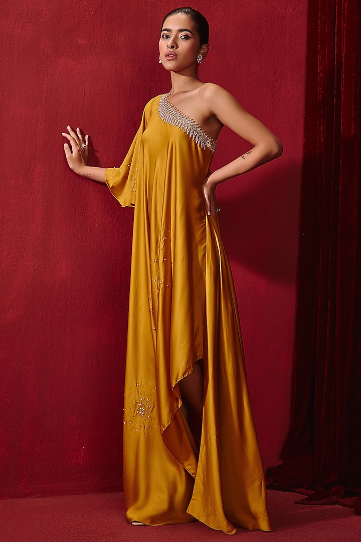 Mustard Modal Silk Embroidered Asymmetrical Dress by Ajiesh Oberoi