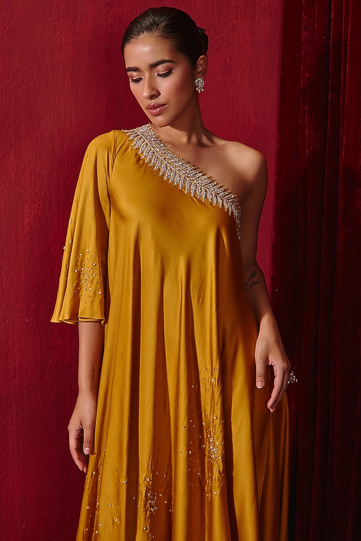 Mustard Modal Silk Embroidered Asymmetrical Vacation Dress by Ajiesh Oberoi at Pernia's Pop Up Shop