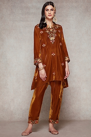 Brown Embroidered Kurta Set by Ajiesh Oberoi