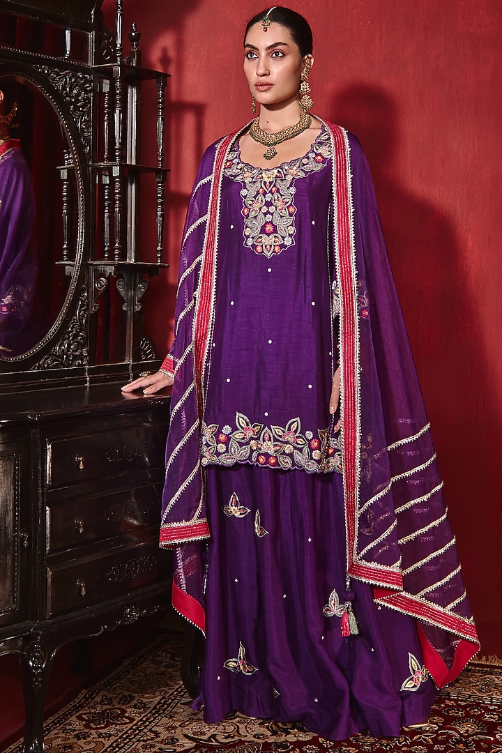 Purple Dupion Silk Wedding Sharara Set by Ajiesh Oberoi at Pernia's Pop Up Shop