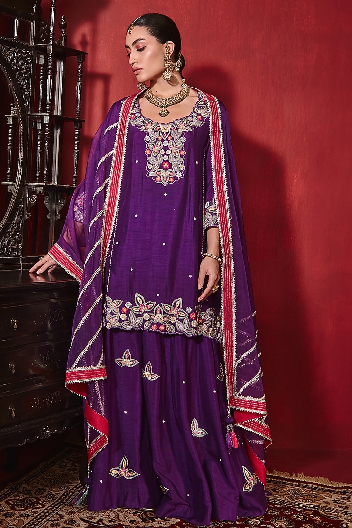 Purple Dupion Silk Wedding Sharara Set by Ajiesh Oberoi at Pernia's Pop Up Shop