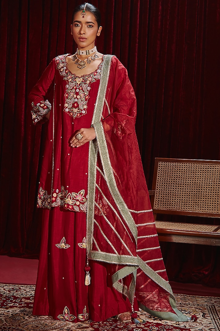 Wine Dupion Silk Wedding Sharara Set by Ajiesh Oberoi at Pernia's Pop Up Shop