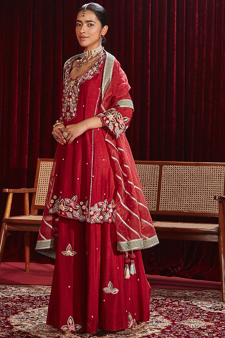 Wine Dupion Silk Wedding Sharara Set by Ajiesh Oberoi at Pernia's Pop Up Shop