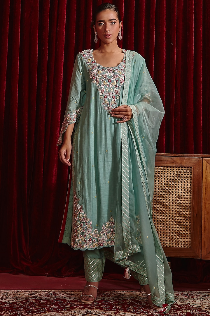 Sea Green Dupion Silk Embroidered Long Kurta Set by Ajiesh Oberoi at Pernia's Pop Up Shop