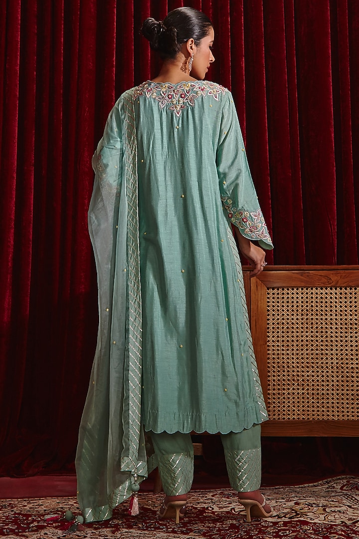 Sea Green Dupion Silk Embroidered Long Kurta Set by Ajiesh Oberoi at Pernia's Pop Up Shop