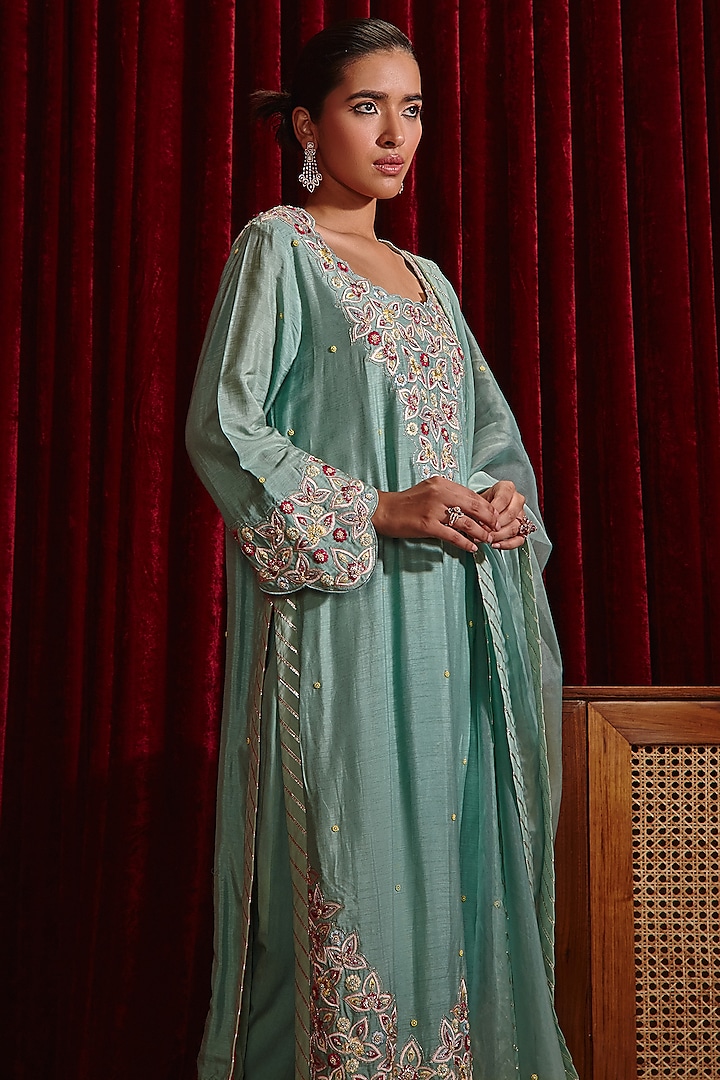 Sea Green Dupion Silk Embroidered Long Kurta Set by Ajiesh Oberoi at Pernia's Pop Up Shop
