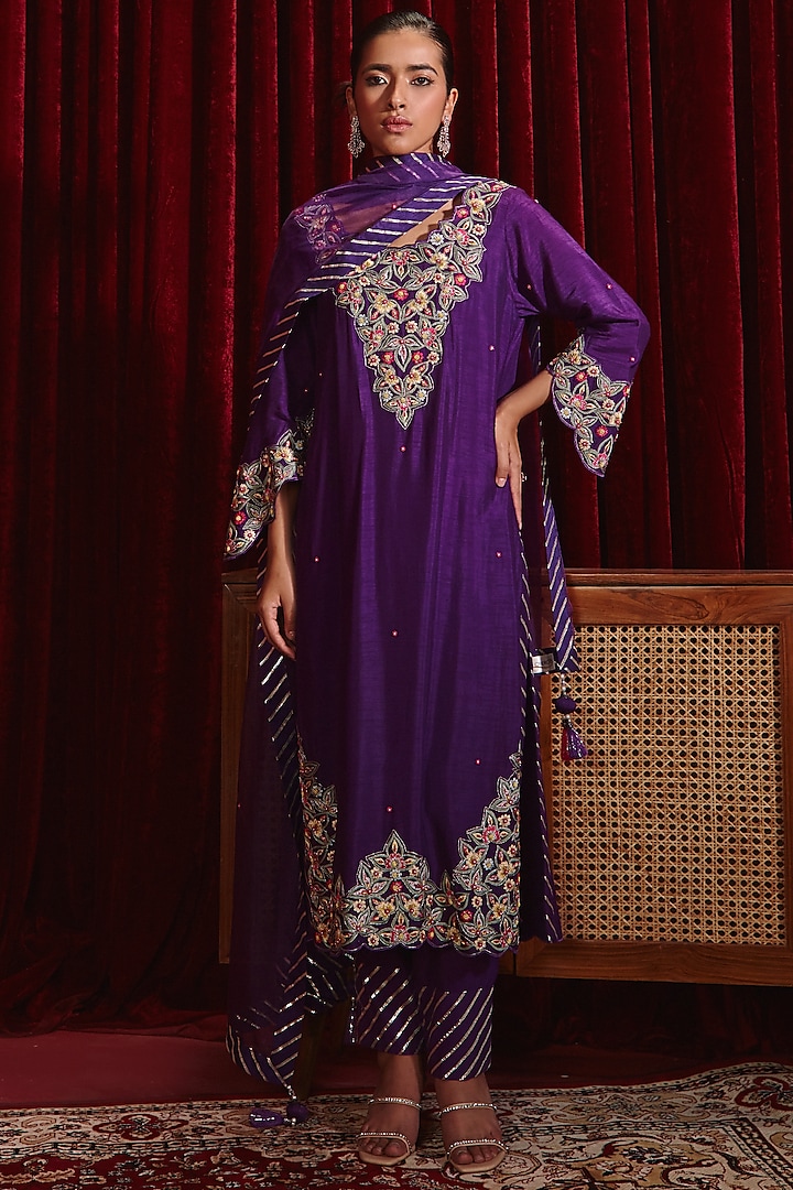 Purple Dupion Silk Embroidered Long Kurta Set by Ajiesh Oberoi at Pernia's Pop Up Shop