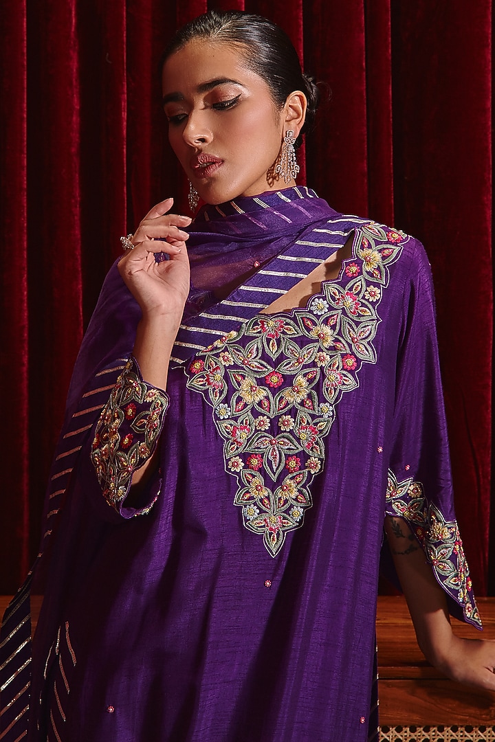 Purple Dupion Silk Embroidered Long Kurta Set by Ajiesh Oberoi at Pernia's Pop Up Shop