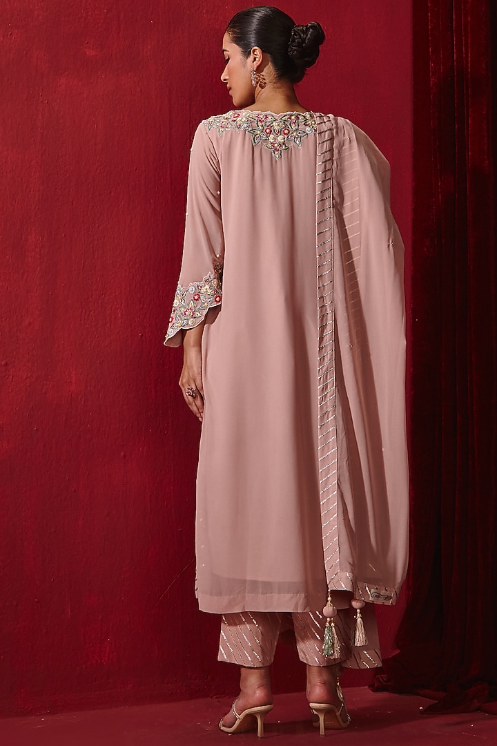 Rose Pink Georgette & Rayon Embroidered Kurta Set by Ajiesh Oberoi at Pernia's Pop Up Shop