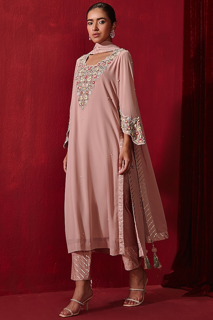 Rose Pink Georgette & Rayon Embroidered Kurta Set by Ajiesh Oberoi at Pernia's Pop Up Shop