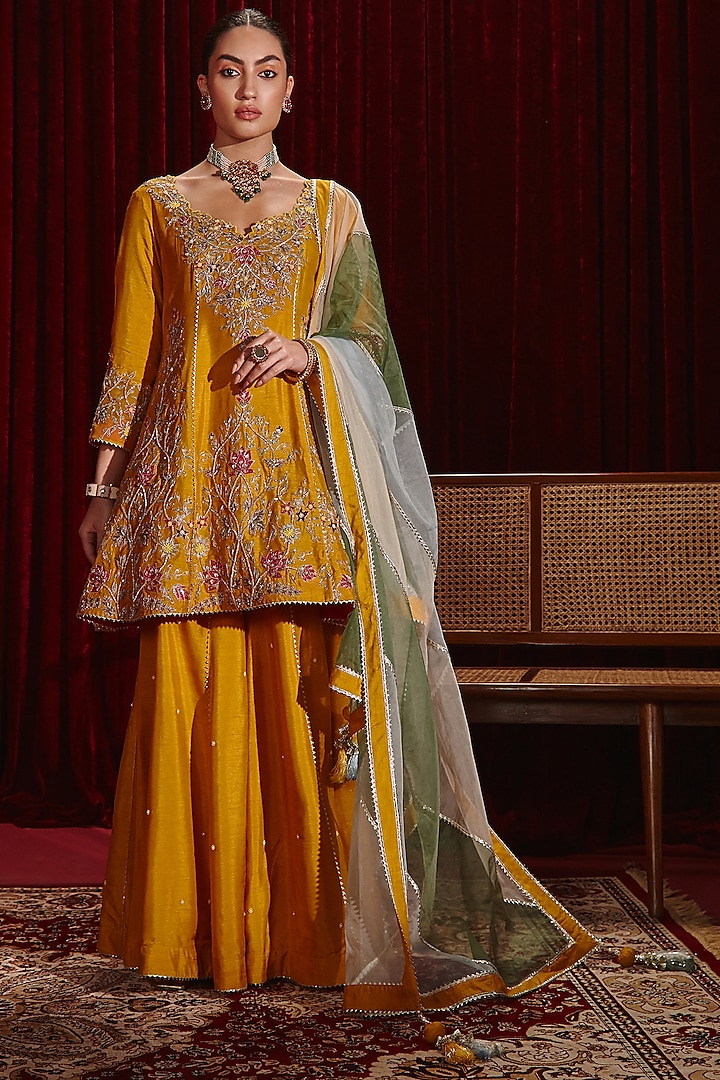 Mustard Dupion Silk Gharara Set by Ajiesh Oberoi at Pernia's Pop Up Shop