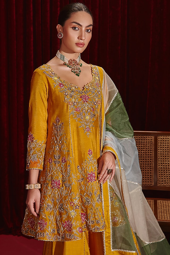 Mustard Dupion Silk Gharara Set by Ajiesh Oberoi at Pernia's Pop Up Shop