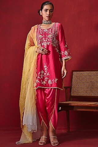 Rani Dupion Silk Embroidered Dhoti Set by Ajiesh Oberoi