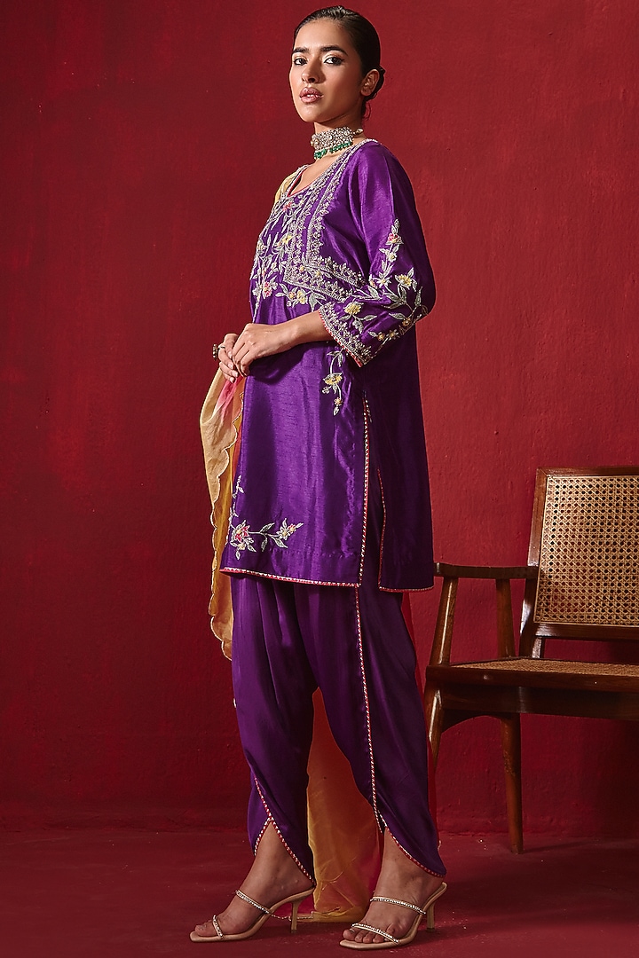 Purple Dupion Silk Embroidered Dhoti Set by Ajiesh Oberoi at Pernia's Pop Up Shop