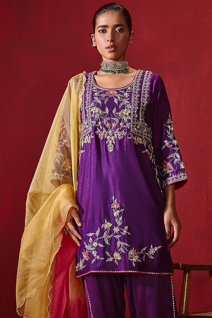 Purple Dupion Silk Embroidered Dhoti Set by Ajiesh Oberoi at Pernia's Pop Up Shop