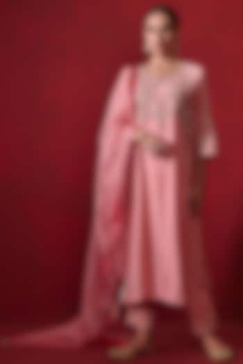 Rose Pink Dupion Silk Embroidered Long Kurta Set by Ajiesh Oberoi