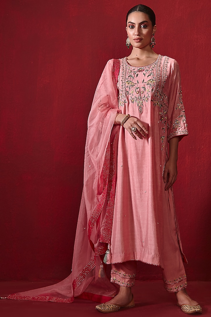 Rose Pink Dupion Silk Embroidered Long Kurta Set by Ajiesh Oberoi