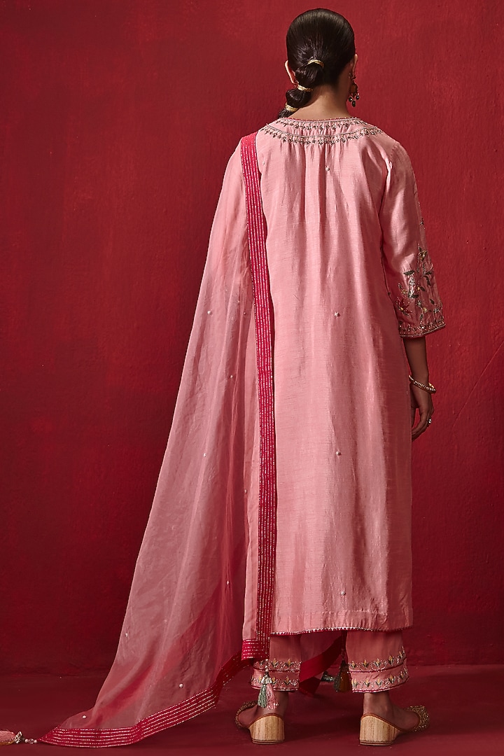 Rose Pink Dupion Silk Embroidered Long Kurta Set by Ajiesh Oberoi at Pernia's Pop Up Shop