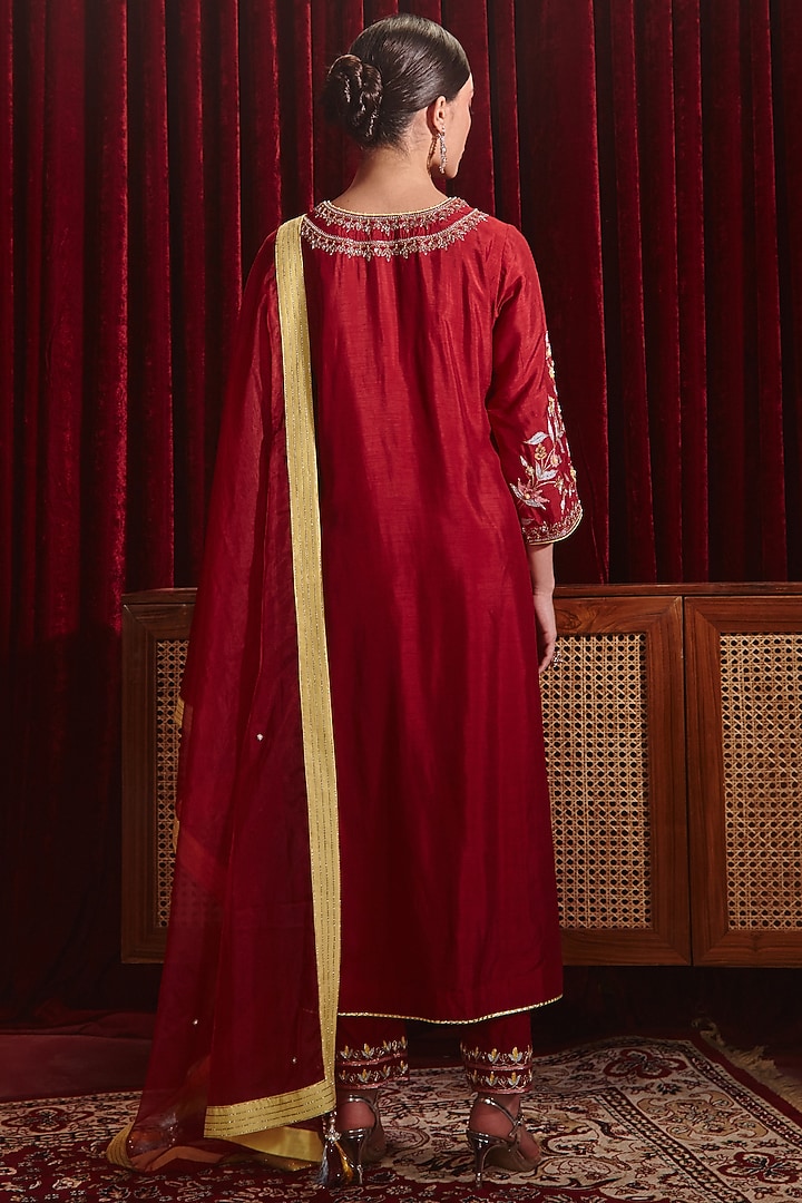 Wine Dupion Silk Embroidered Long Kurta Set by Ajiesh Oberoi at Pernia's Pop Up Shop