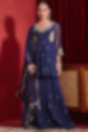 Navy Georgette Sharara Set by Ajiesh Oberoi at Pernia's Pop Up Shop