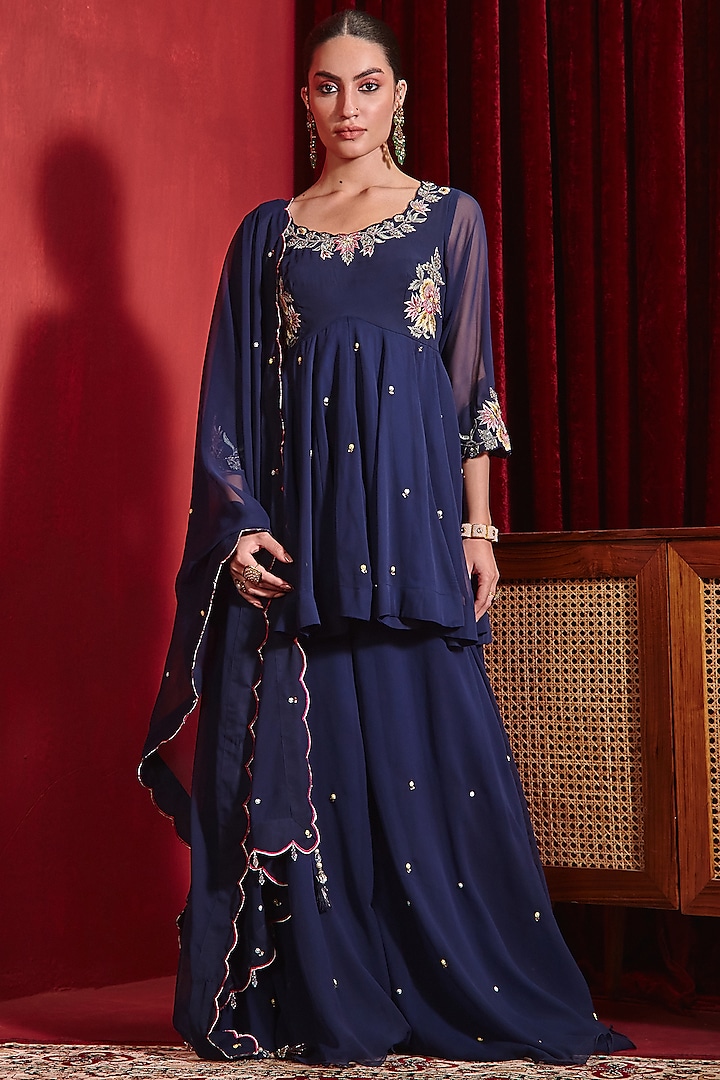 Navy Georgette Sharara Set by Ajiesh Oberoi at Pernia's Pop Up Shop