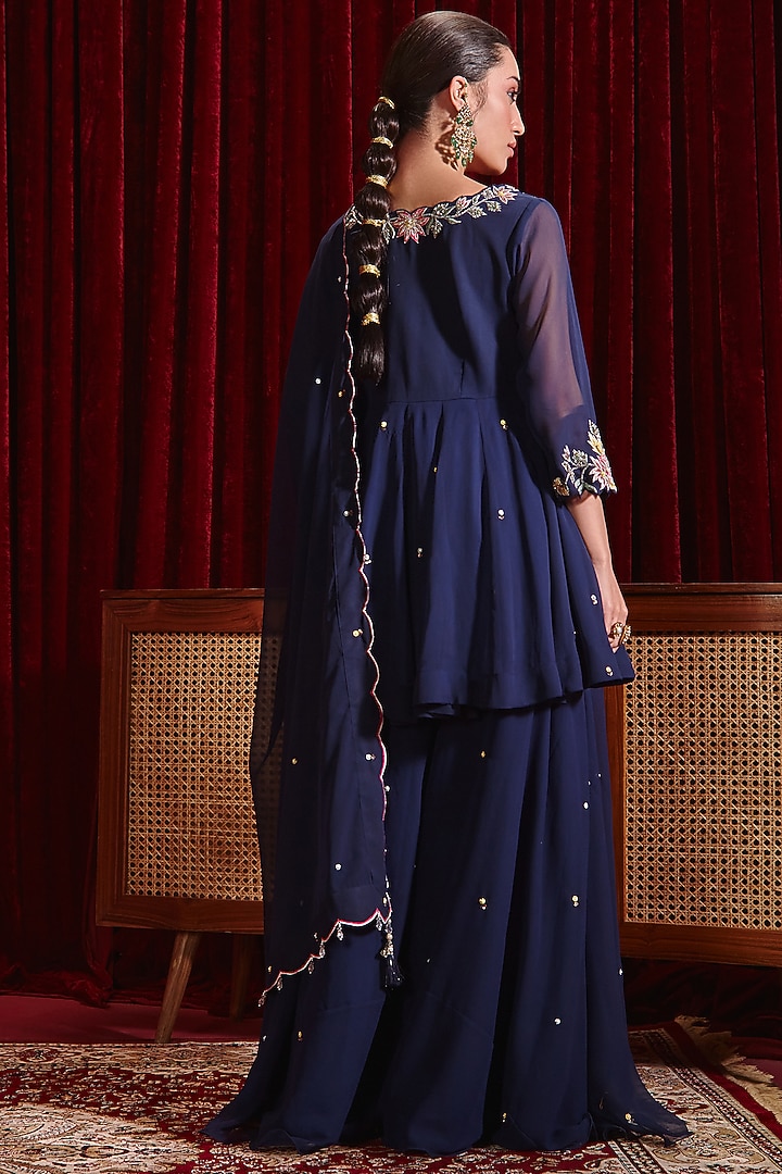 Navy Georgette Wedding Sharara Set by Ajiesh Oberoi at Pernia's Pop Up Shop