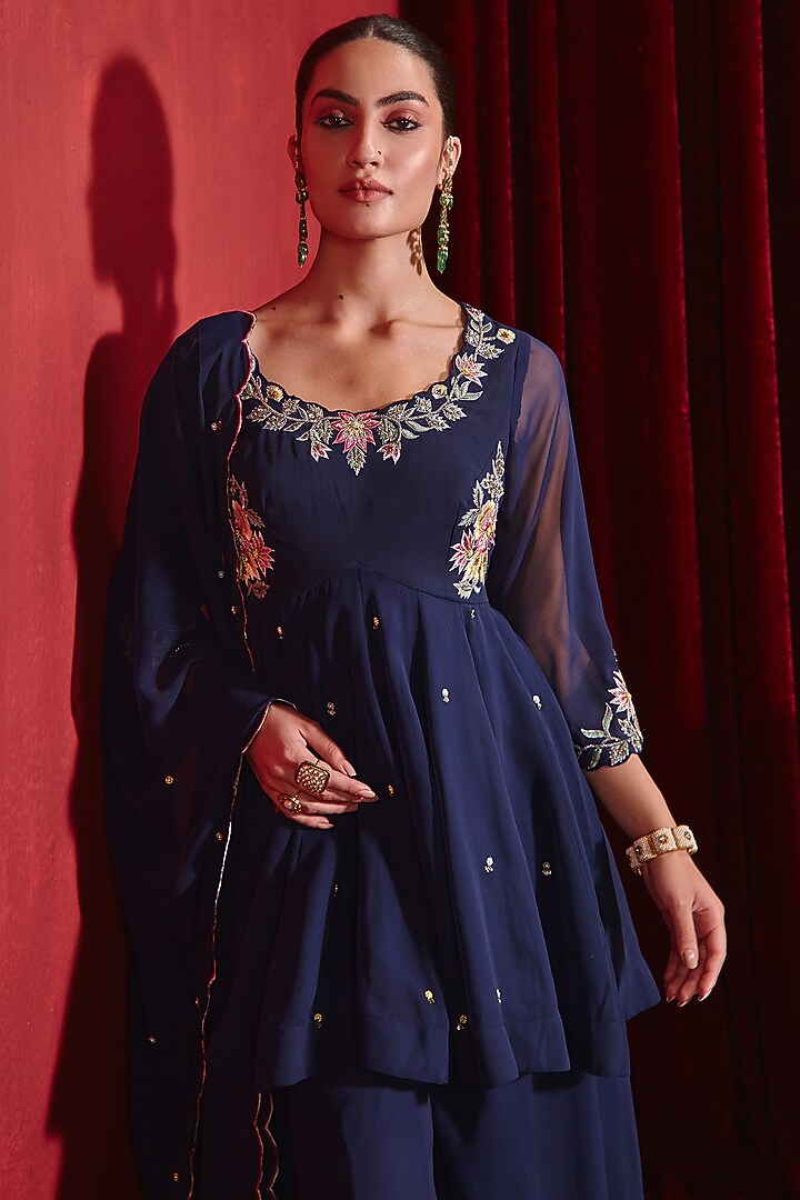 Navy Georgette Wedding Sharara Set by Ajiesh Oberoi at Pernia's Pop Up Shop