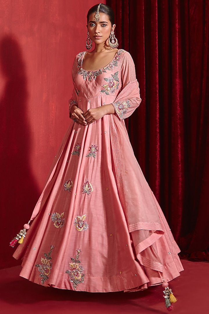 Rose Pink Dupion Silk Embroidered Wedding Anarkali Set by Ajiesh Oberoi at Pernia's Pop Up Shop