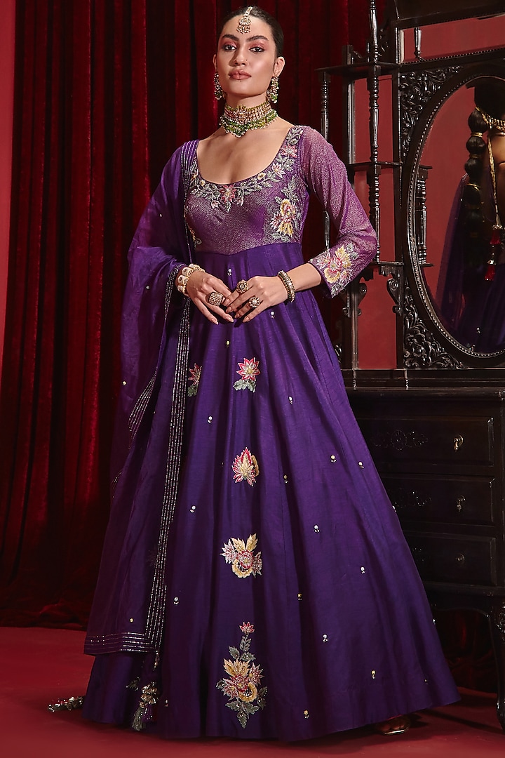 Purple Dupion Silk Embroidered Anarkali Set by Ajiesh Oberoi