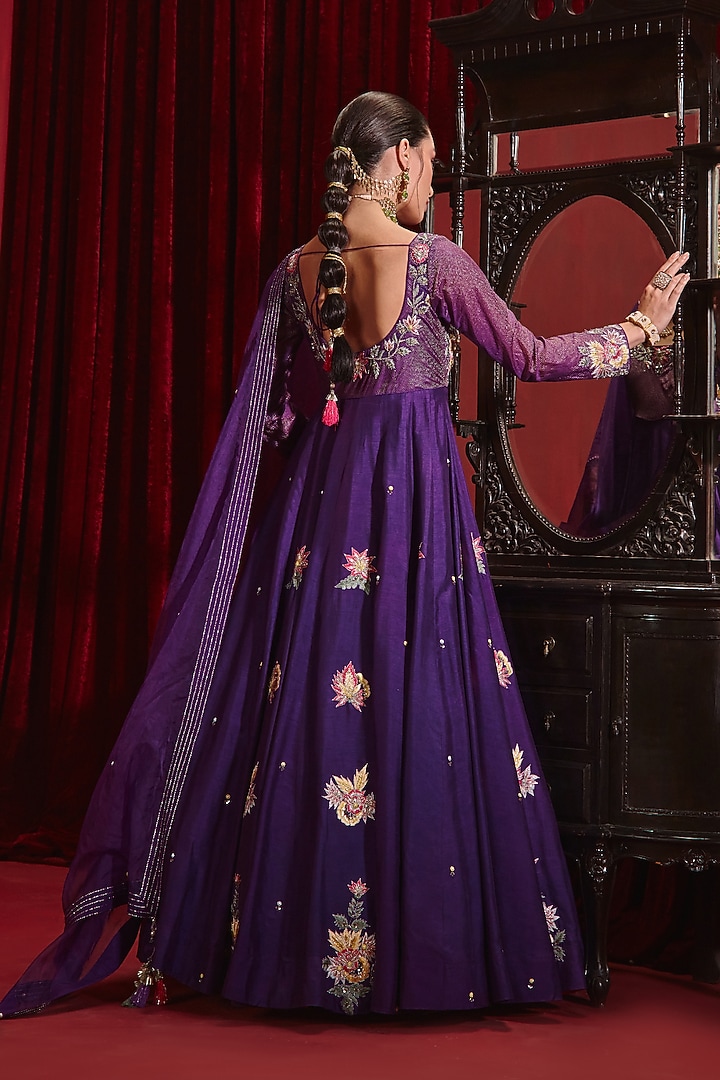 Purple Dupion Silk Embroidered Wedding Anarkali Set by Ajiesh Oberoi at Pernia's Pop Up Shop