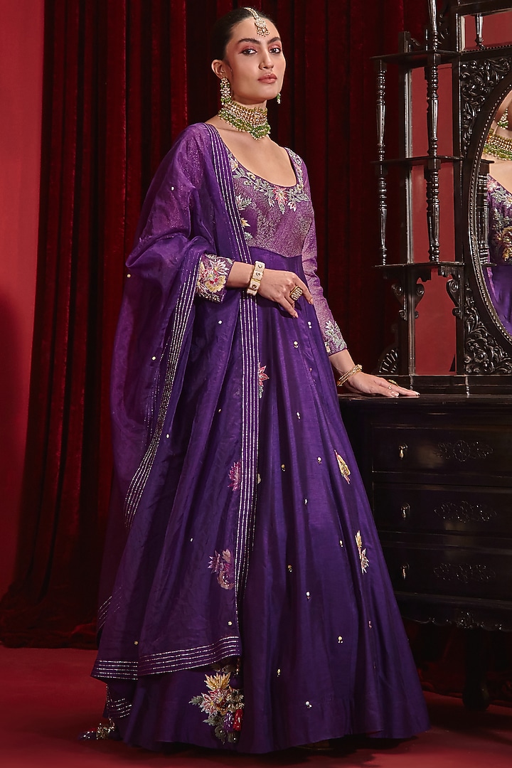 Purple Dupion Silk Embroidered Wedding Anarkali Set by Ajiesh Oberoi at Pernia's Pop Up Shop