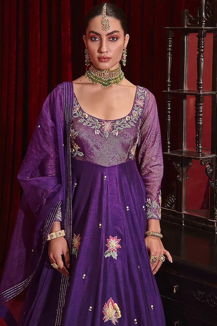 Purple Dupion Silk Embroidered Wedding Anarkali Set by Ajiesh Oberoi at Pernia's Pop Up Shop