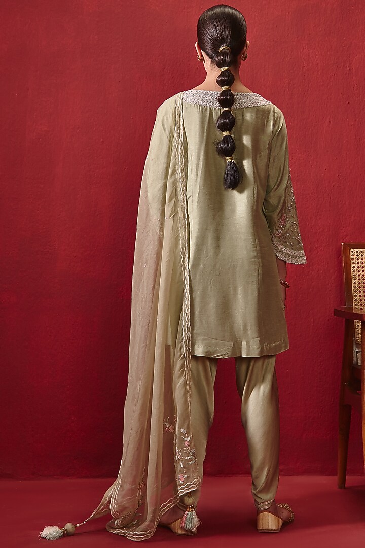 Mint Green Dupion Silk Embroidered Dhoti Set by Ajiesh Oberoi at Pernia's Pop Up Shop