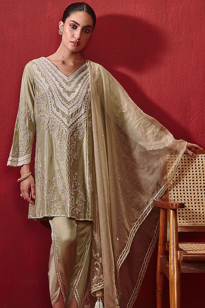 Mint Green Dupion Silk Embroidered Dhoti Set by Ajiesh Oberoi at Pernia's Pop Up Shop