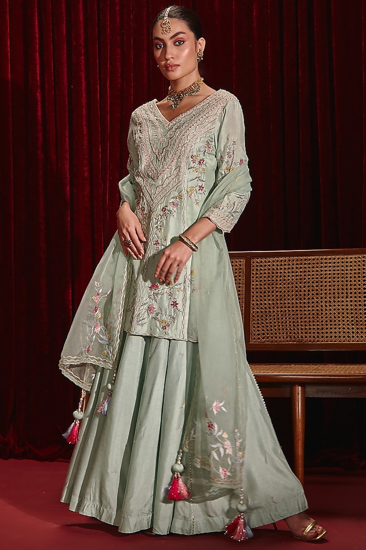 Powder Blue Dupion Silk Embroidered Wedding Sharara Set by Ajiesh Oberoi at Pernia's Pop Up Shop