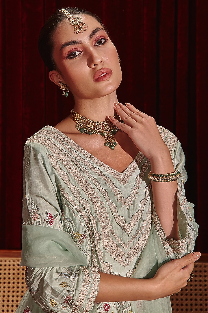 Powder Blue Dupion Silk Embroidered Wedding Sharara Set by Ajiesh Oberoi at Pernia's Pop Up Shop